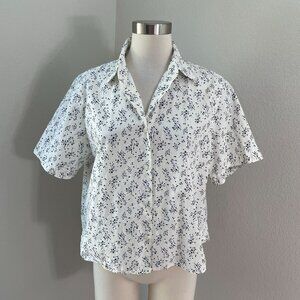 Uniqlo Womens Large White Floral Button Up Short Sleeve Shirt 100% Cotton Boxy